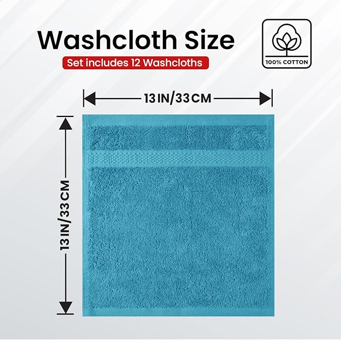 Infinitee Xclusives Luxury Wash Cloths for Showering [13x13] – 100% Cotton Washcloths [Pack of 12], Soft and Absorbent Face Towels for Bathroom Wash Clothes, Gym, and Spa (Serene Teal)