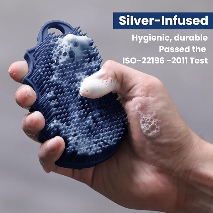 Silicone Body Scrubber Silver-Infused Dual-Sided 3-in-1 for Shower, Body Cleaning+Massage+Exfoliator Body Brush Buffer for Men and Women, Silicone Loofah, Non-Slip Handle (Blue)