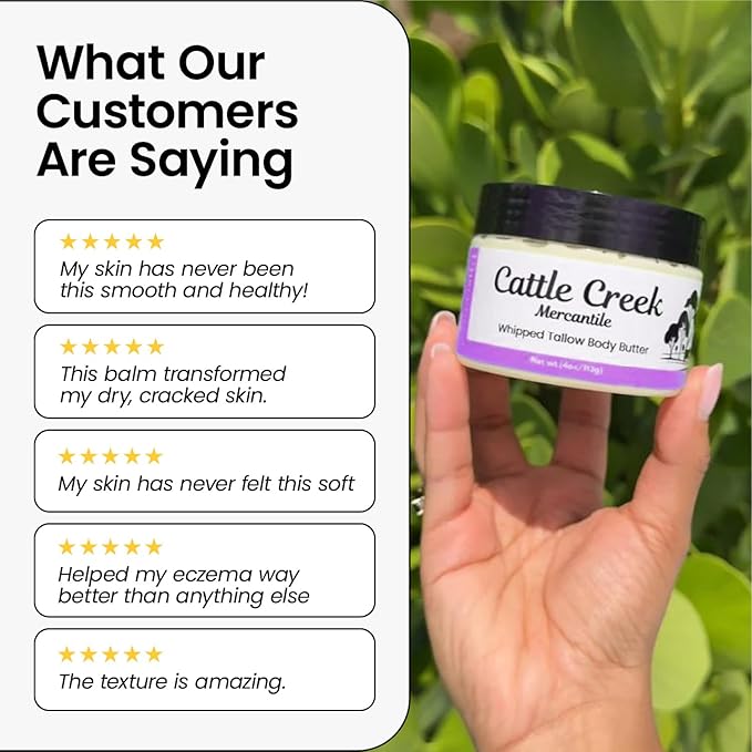 Cattle Creek Whipped Beef Tallow for Skin & Face – Deeply Moisturizing Tallow Balm – Organic Grass-Fed Skincare – Nourishes Dry, Sensitive Skin– Non-Comedogenic, Fast-Absorbing (4oz, Lavender Vanilla)