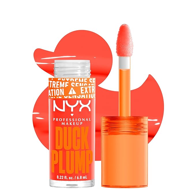 NYX PROFESSIONAL MAKEUP Duck Plump High Pigment Plumping Lip Gloss with Spicy Ginger, Vegan Lip Makeup - Peach Out (Vibrant Peach)