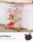KINGRACK 4-Tier Slim Storage Cart, Metal Rolling Cart, Organizer with Wooden Tabletop and Drawer Basket, Mobile Shelving Unit for Kitchen, Bathroom, Laundry Room, Pink