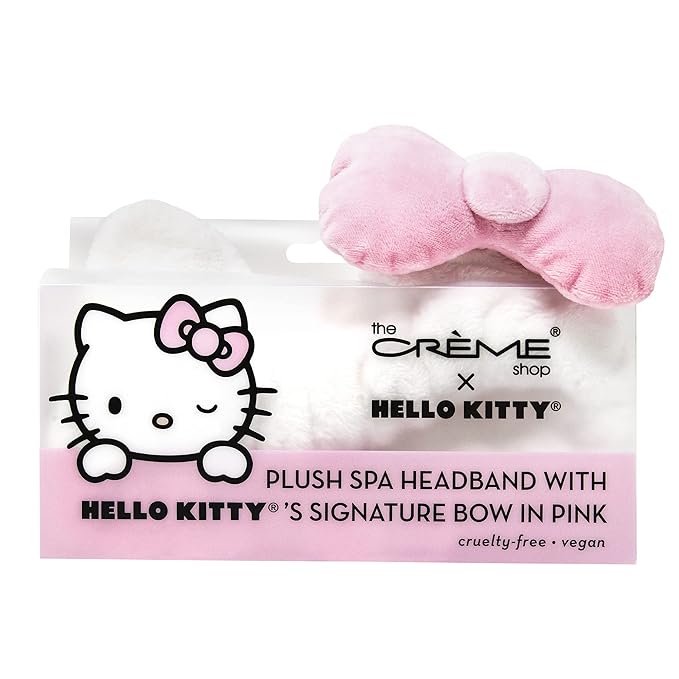 The Crème Shop Plush Spa Headband w/Hello Kitty's Signature Bow, Spa Headband for Washing Face, Skincare Headbands, Soft & Fluffy Headbands for Women (Pink)
