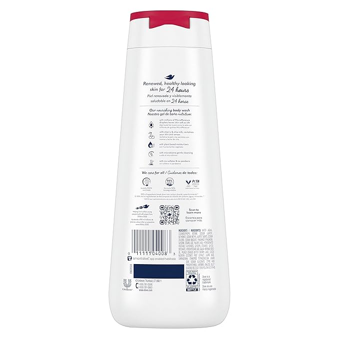 Dove Body Wash Revitalizante Cherry & Chia Milk 4 Count for Renewed, Healthy-Looking Skin Gentle Skin Cleanser with 24hr Renewing MicroMoisture 20 oz