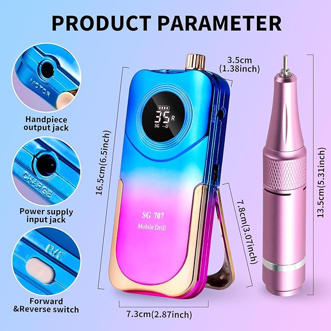 Portable Nail Drill Cordless,35000 RPM Electric Nail File with Holder,Rechargeable Nail Drill E Filer for Nails,Electric Nail Buffer Nail Dremel Tool for Women (Gradient Purple Blue)