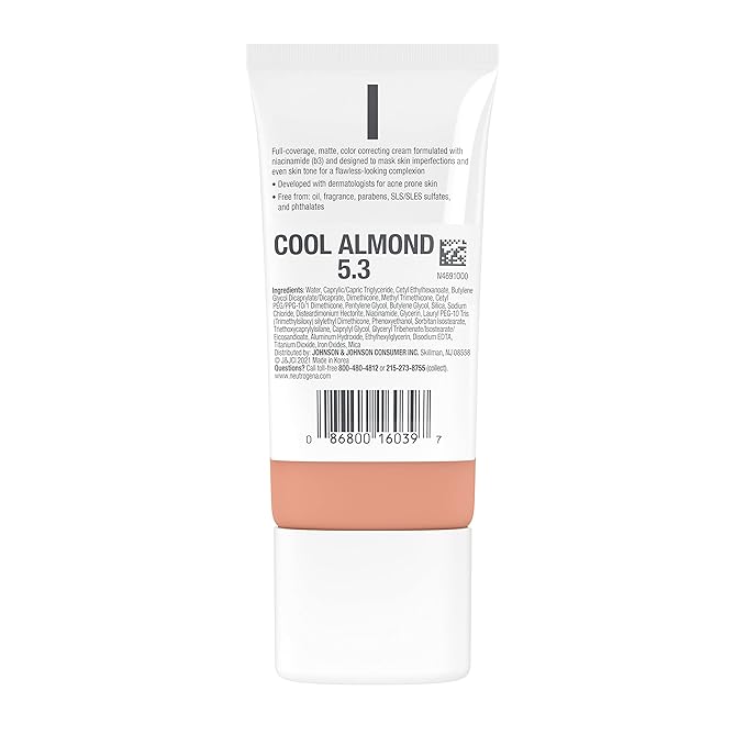 Neutrogena Clear Coverage Flawless Matte CC Cream, Full-Coverage Cool Almond, 1 oz