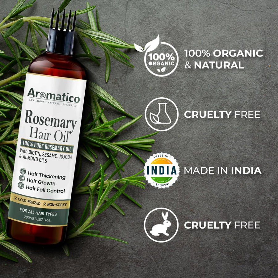 100% Pure Rosemary Oil for Hair Growth, Hair-fall Control & Hair Thickening. Enriched with Sesame, Jojoba & Almond Oils. Non-Sticky Texture. With Applicator Cap - 7 Fl Oz