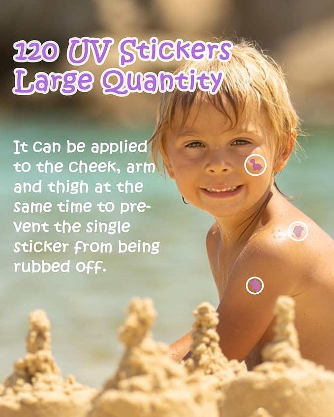 UV Stickers for Sunscreen - 120 Count UV Detection Stickers, Know When to re-Apply Sunscreen, Safe for Kids Age 3+, 4 Pattern Types for Boys & Girls