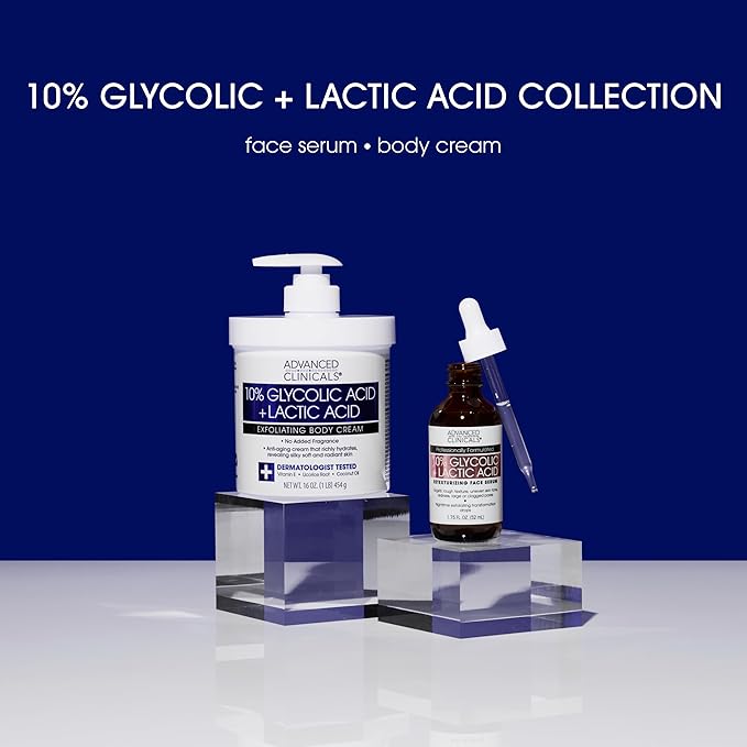 Advanced Clinicals 10% Glycolic Acid + Lactic Acid Body Lotion Moisturizer + AHA Glycolic Acid Face Serum 2pc Exfoliating Skincare Set To Reduce Look Of Uneven Rough Skin Texture, Fragrance Free, 2pc