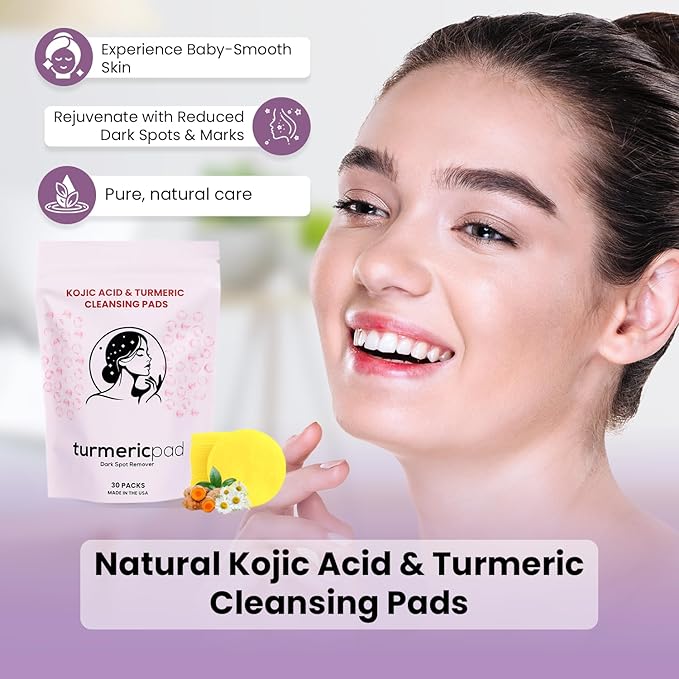 Turmeric Kojic Acid Cleansing Pads, 30 Count | Soothing Chamomile | Nourishing & Brightening, Oil Control & Even Skin Tone for All Skin Types