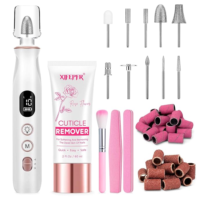 Cordless Electric Nail Drill File for Acrylic Gel Nails, Cuticle Remover Cream for Nail Care, Professional Nail Drill Manicure and Pedicure Kit with Drill Bits for Home & Salon Use