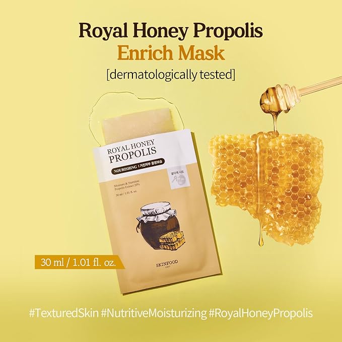 SKINFOOD Royal Honey Mask10ea Set - Bee Propolis Extract, Royal Honey Extract, Intensely nourishes and hydrates tired and dull skin 9.1fl.oz, 270ml