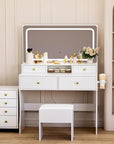 Pamapic Vanity Desk with File Cabinet, 8 Drawers Makeup Vanity with Mirror and Lights,3 Lighting Modes Dressing Table with Chair, Power Outlet, Silent Slides, White