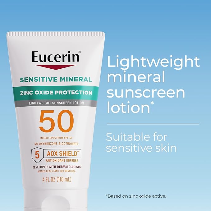 Eucerin Sun Sensitive Mineral Sunscreen Lotion SPF 50 with Zinc Oxide Protection, Hypoallergenic Sunscreen for Sensitive Skin, Oxybenzone and Octinoxate Free, 4 Fl Oz Tube