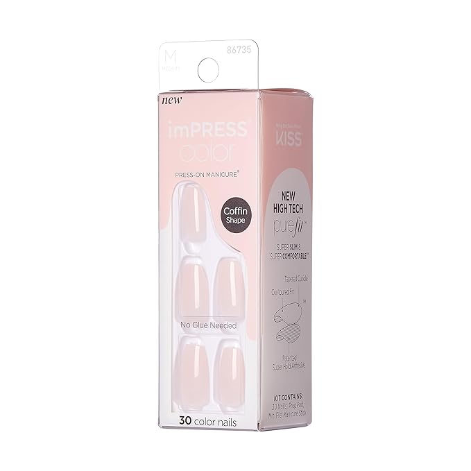 KISS imPRESS No Glue Mani Press On Nails, Color, 'Serendipity', Pink, Medium Size, Coffin Shape, Includes 30 Nails, Prep Pad, Instructions Sheet, 1 Manicure Stick, 1 Mini File