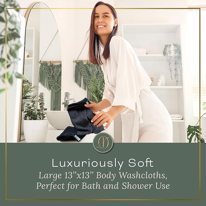 Charcoal Grey Extra Large Washcloths Set of 6 Soft Body Cloths 13” x 13” 70% Viscose Derived from Bamboo, 30% Cotton Spa-Like Feel Silky for Skin Cleansing