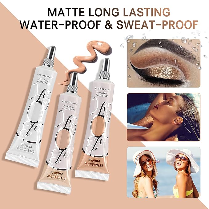 3 Pack Matte Eyeshadow Primer for Oily Lids No Crease White Medium Dark Cream Eye Primer Makeup Eyeshadow Base Waterproof & Long Lasting Eyelid Primer Liquid Eye-shadow for All Shadows (Set E)