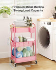 3 Tier Rolling Cart Metal with Wheels & Table Top, Pink Utility Cart with Cups and Hooks, Three Tiered Craft Cart Organizer on Wheels, Storage Carts for Salon, Lash, Hair, Nail, Makeup, Diaper, Book