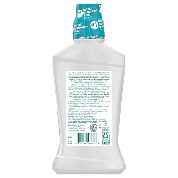 Tom's of Maine Sea Salt Natural Alcohol-Free Mouthwash, Refreshing Mint, 16 Fl Oz (Pack of 6)(Packaging May Vary)