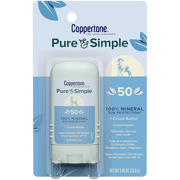 Coppertone Pure and Simple Mineral Sunscreen Stick SPF 50, Water Resistant, Hypoallergenic, Face Sunscreen with Broad Spectrum UVA/UVB Protection, 0.49 oz Stick