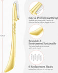 ennva Eyebrow Razor for Women - Eyebrow Trimmer Dermaplaning Tool- Ergonomic Eyebrow Shaper and Facial Razor for Peach Fuzz-Exfoliating Face Razor for Eyebrows-Eye Brow Shaver Razors w/ 7 Blades- Gold