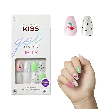 KISS Gel Fantasy, Press-On Nails, Nail glue included, 'Jelly Baby', Light Multicolor, Short Size, Coffin Shape, Includes 28 Nails, 2g Glue, 1 Manicure Stick, 1 Mini file