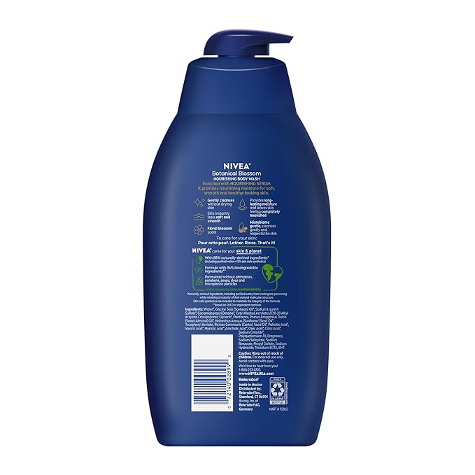 NIVEA Nourishing Botanical Blossom Body Wash with Nourishing Serum, Moisturizing Body Wash for Women, Enriched with Provitamin B5 and Vitamin E, 30 Fl Oz Bottle