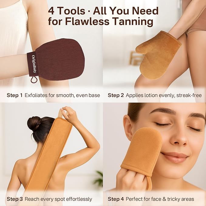 4 in 1 Self Tanning Mitts Self Tanner Mitt Applicator Kit,Self Tanning Mitt Applicator Kit With Self Tanning Glove,Back Tanning Applicator, Mini Tan Mit, Exfoliating Mitt