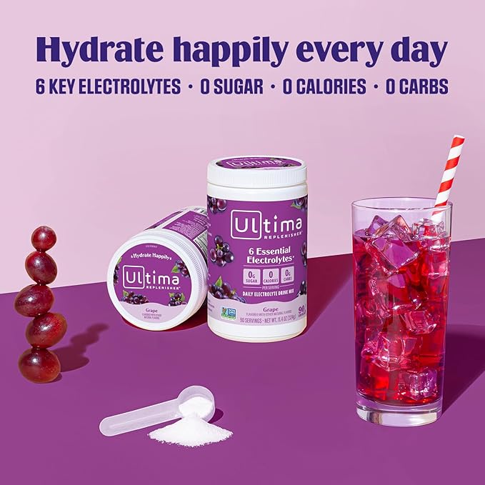 Ultima Replenisher Daily Electrolyte Drink Mix – Grape, 90 Servings – Hydration Powder with 6 Key Electrolytes & Trace Minerals – Keto Friendly, Vegan, Non- GMO & Sugar-Free Electrolyte Powder
