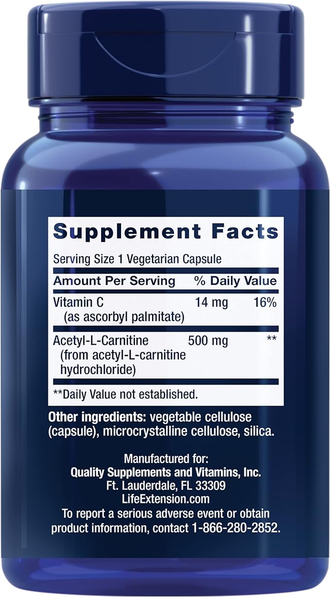 Life Extension Acetyl-L-Carnitine, Acetyl-L-Carnitine, vitamin C, Brain, mood & nerve health, cellular energy, 3-month supply, Gluten-Free, Non-GMO, Vegetarian, 100 Capsules