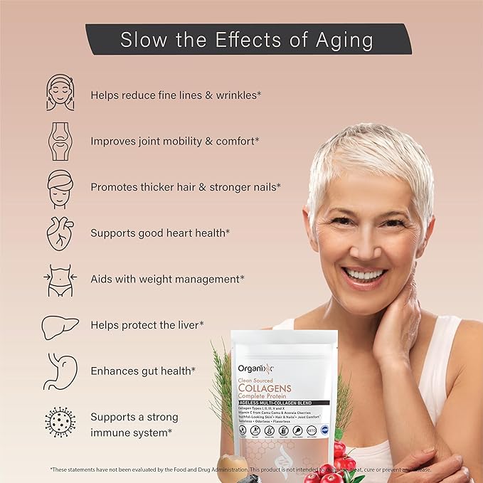 Organixx Collagen Peptides Powder with Vitamin C, Types I, II, III, V, X Hydrolyzed Collagen, Hair, Nail, Skin, Bone & Joint Health, Aging Support, Clean Sourced, Gluten Free, Unflavored, 30 Servings