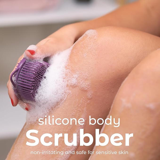MainBasics Silicone Body Scrubber – Dual-Sided Shower Scrubber with Massage Nodes, Silicone Loofah Alternative for Deep Clean (Purple, Massage)