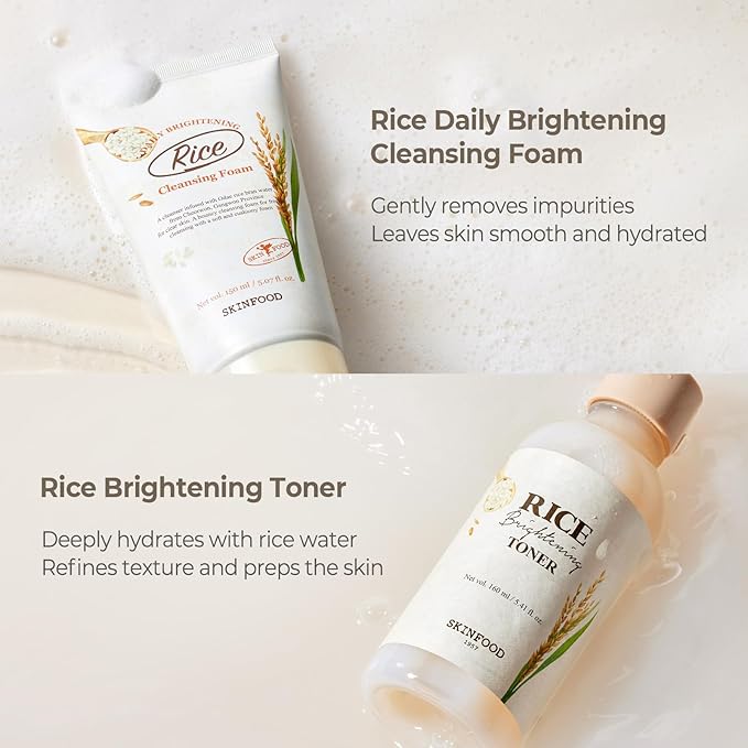 SKINFOOD Rice Starter Kit, Rice Toner, Rice Serum, Rice Moisturizer, and Rice Face Wash for Glass Skin, Korean Skin Care Set, Travel Size Kit, Stocking Stuffers, Gift Set for Women, Skincare Gift Set