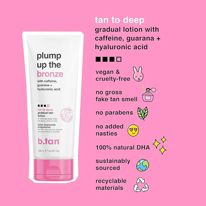 b.tan Dark Gradual Self Tanning Lotion | Plump Up the Bronze Everyday Glow Lotion - Develop a Bronzed Glow, Sunless Tanner Infused With Hyaluronic Acid, No Fake Tan Smell 8 Fl Oz