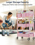YASONIC 3-Tier Metal Rolling Cart, Heavy Duty Utility Cart with Lockable Wheels, Hanging Cups, Hooks, Mesh Rolling Storage Cart Craft Organizer, Lightweight and Sturdy, Pink