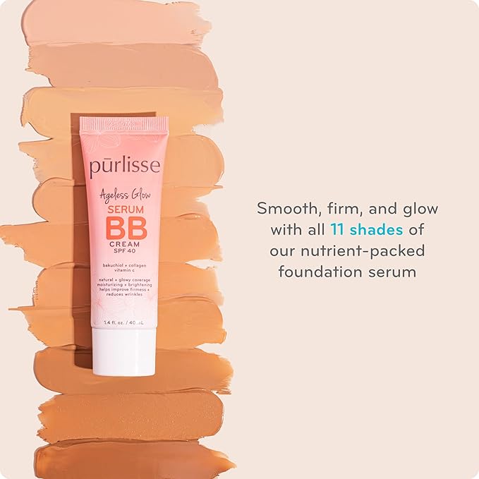 pūrlisse Ageless Glow Serum BB Cream SPF 40 - Glow BB Cream with SPF Enriched with Bakuchiol & Vitamin C to Help Improve Firmness & Reduce Wrinkles for Dewy Skin - Medium Golden (1.4 oz)