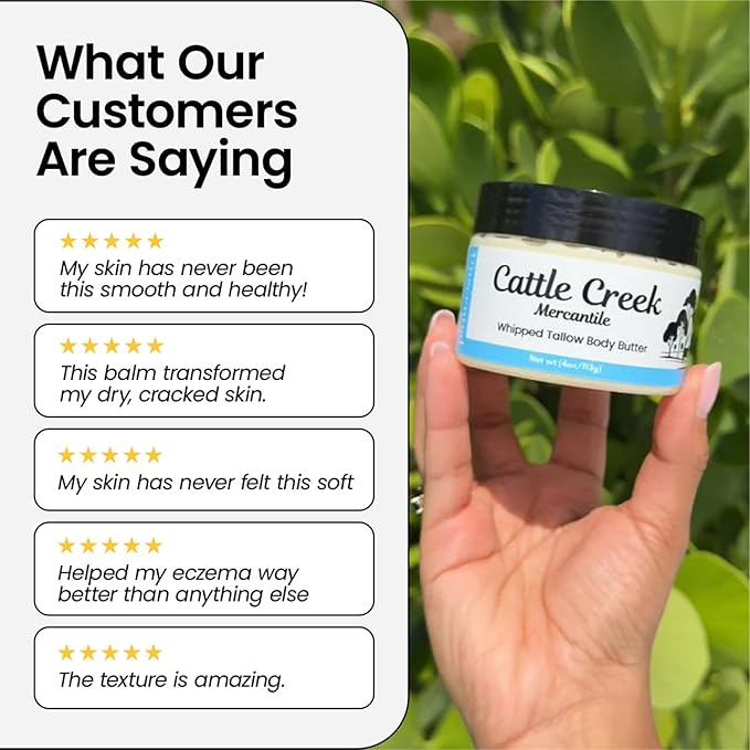Cattle Creek Whipped Beef Tallow for Skin & Face – Deeply Moisturizing Tallow Balm – Organic Grass-Fed Skincare – Nourishes Dry, Sensitive Skin– Non-Comedogenic, Fast-Absorbing (4oz, Unscented)
