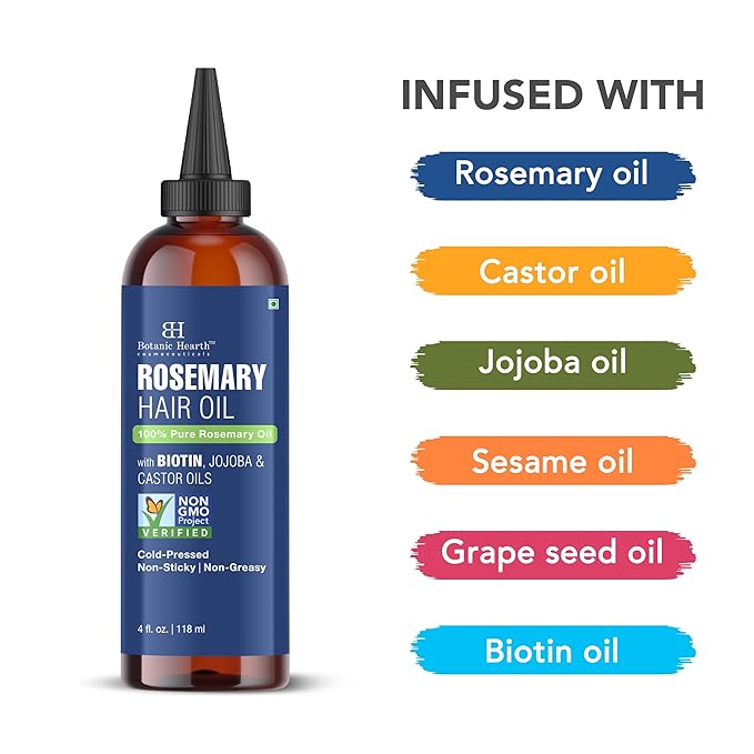 Botanic Hearth 100% Pure Rosemary Oil For Hair Growth | Infused with Biotin, Jojoba & Castor Oil | Hair Oil Repairs Dry Damaged Hair, Strengthening, Healthier - Hair Tonic, 4.0 fl oz