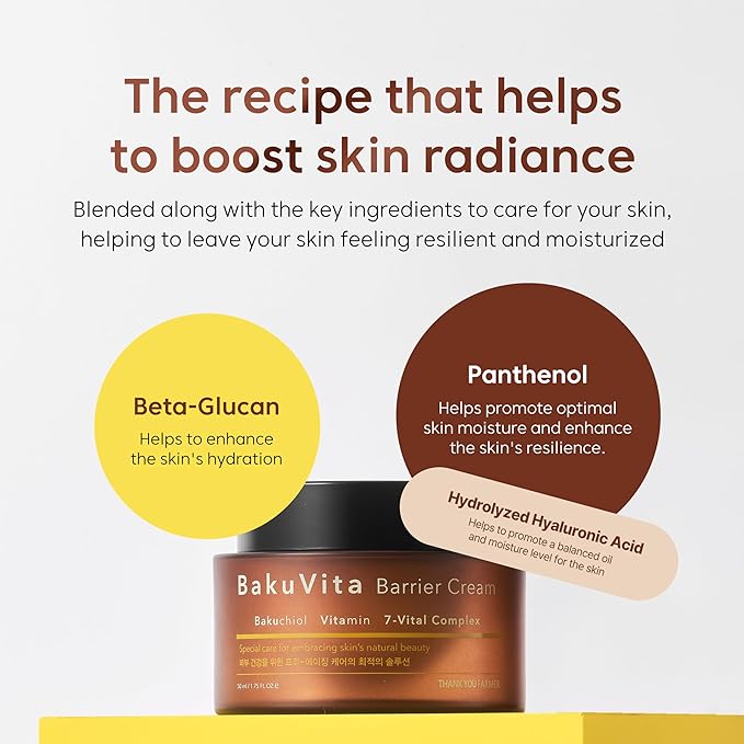 THANKYOU FARMER BakuVita Barrier Cream - Bakuchiol Cream, Day & Night Korean Moisturizer, Bakuchiol Retinol Alternative, Vitamin C + E Korean Serum, Pore Care, Firming, Vegan 1.75 fl oz (50ml)