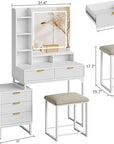 GarveeHome White Vanity Makeup Desk, Vanity Set with Mirror and 3-Mode Lights, 5 Drawers Vanity Table with Removable Side Storage Cabinet, Stool for Bedroom