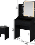 LIKIMIO Small Makeup Vanity Desk with Mirror and Lights, Vanity Table Set with Storage Drawer, Chair and Three Shelves, Bedroom, Black