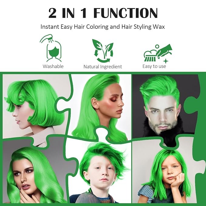 Green Temporary Hair Color Wax, Instant Natural Hairstyle Cream Dye, Washable Styling Pomadesfor Men Girls Women Youth, Disposable Coloring Mud for Party Cosplay DIY Halloween