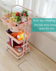 3-Tier Multifunction Rolling Cart Utility Storage Shelves Cart with Hanging Cup Lockable Wheels and Handle for Office Living Room Kitchen Bathroom (Pink)