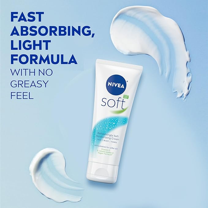 NIVEA Soft Refreshingly Soft Moisturizing Cream, Lightweight Moisturizer for Face, Body and Hands, Body Cream Enriched with Jojoba Oil and Vitamin E, 2.6 Oz Tube, Pack of 3