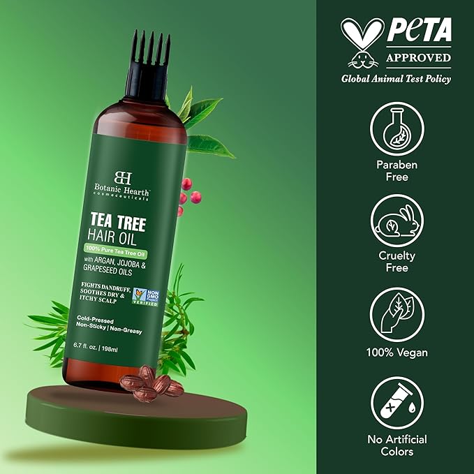 Botanic Hearth 100% Pure Tea Tree Oil For Hair Growth | Infused with Jojoba & Grapeseed Oils | Hair Oil Repairs Dry Damaged Hair, Strengthening, Healthier - Hair Tonic, 6.7 fl oz