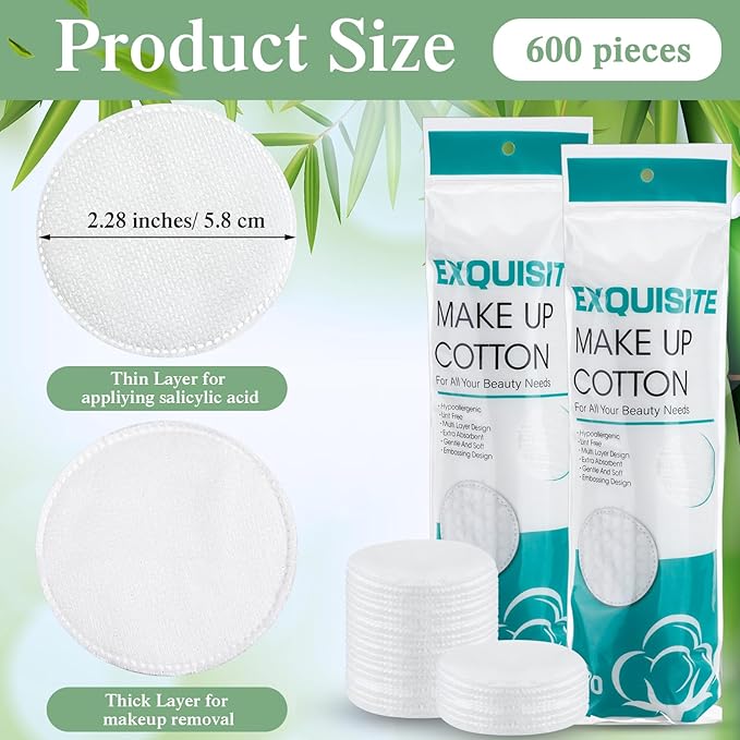 Maxcheck 600 Pcs Cotton Rounds Bulk Exfoliating Rounds for Face Makeup Remover Cotton Facial Pads for Face Makeup Removal Toner Pads