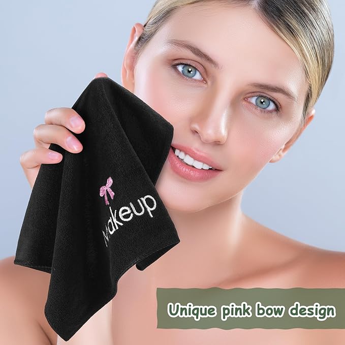 Shimeyao 20 Pack Makeup Towels Black Makeup Washcloths for Face Pink Bow Soft Microfiber Remover Cloth 13x13 Inch Quick Dry Face Towels for Cleansing Hand
