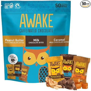 AWAKE - Caffeinated Chocolate Bites - Variety Pack (3 Flavors), 50 Bites - Peanut Butter, Milk, & Caramel - 50mg Caffeine - Energy Bites - Coffee Alternative - Fairtrade, Gluten Free, Non GMO - 0.48oz