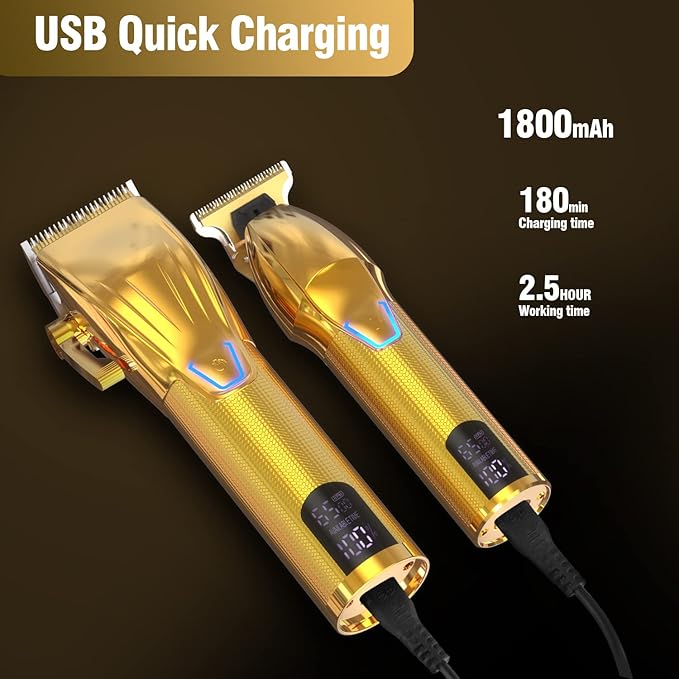 Cordless Hair Clippers for Men,Professional Hair Clippers Trimmer Kit,Barber Fading Clipper and Zero Gap T-Blade Trimmer Set with LED Display for Mens Gifts(Gold)