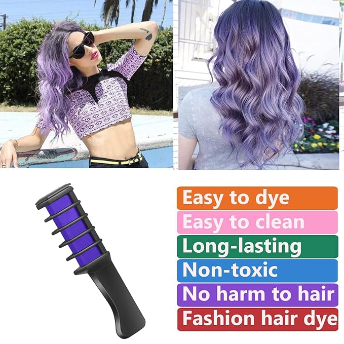 New Hair Chalk Comb Temporary Bright Hair Color Dye for Girls Kids, Washable Hair Chalk for Girls Age 4 5 6 7 8 9 10 New Year Birthday Cosplay DIY Halloween, Christmas（Purple)