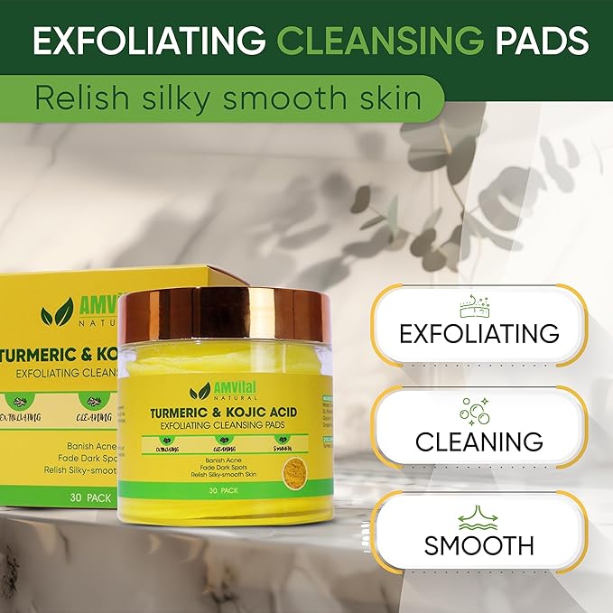 AMVital Turmeric Kojic Acid Cleansing Pads - Gently Exfoliates, Brightens & Evens Skin Tone - Hydrating Turmeric Exfoliating Cleansing Pads for Face - Nourishing Kojic Acid Cleanser